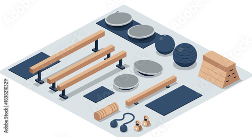 Modern indoor gym equipment isometric design featuring weights, benches, and mats