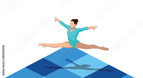 Gymnast performs stunning split leap on colorful geometric surface with shadow reflection