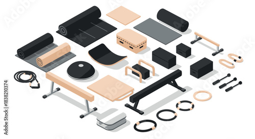 Modern isometric gym equipment set with minimalist design elements