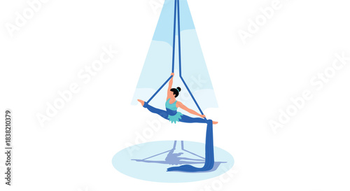 Aerial silk performer in split pose under spotlight in minimalist style
