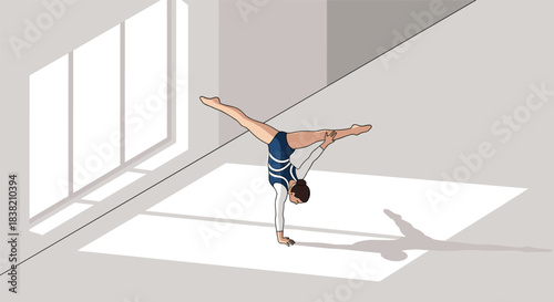 Gymnast performing handstand in sunlit room with shadow play concept