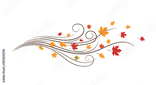 A decorative swirl representing a gust of wind blowing colorful red and orange maple leaves during the fall season.
