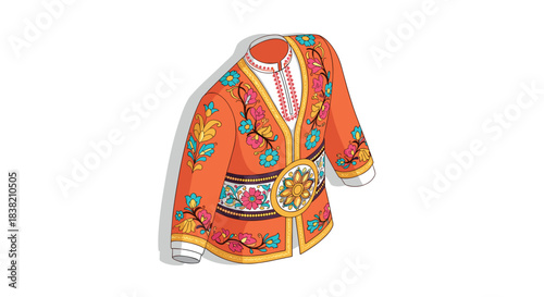 Colorful traditional embroidered jacket with floral designs in isometric style