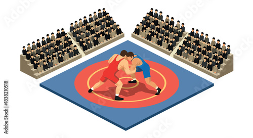 Isometric wrestling match in arena with audience in tiered seating