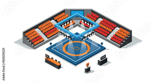 Isometric indoor arena with stage lights and colorful seating arrangement