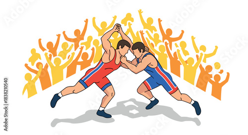 Wrestling match with celebrating crowd in background