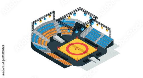 Isometric arena with seating and stage lighting for events and competitions