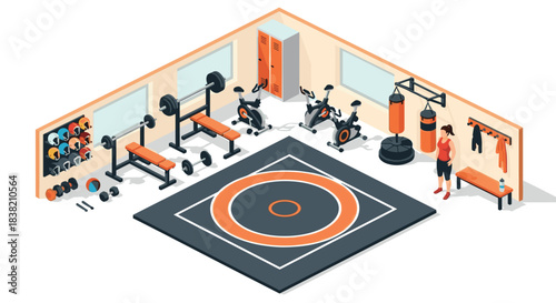 Modern isometric gym room with fitness equipment and boxing area