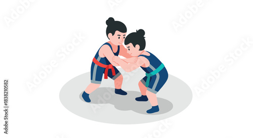 Children practicing wrestling in colorful outfits on white background