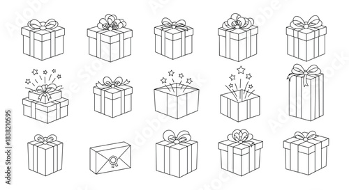 Collection of various gift box and present icons in a dotted line art style perfect for tracing or minimalist holiday designs.