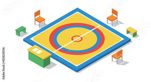 Isometric school sports court with chairs and colored gym mat