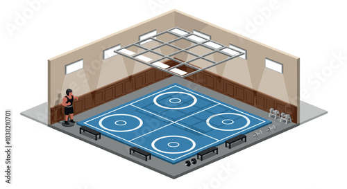 Isometric indoor wrestling gym with blue mats and equipment