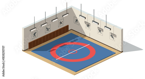 Isometric wrestling gym with blue and red mat and wall art