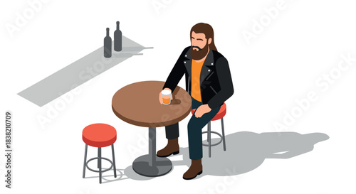Isometric scene of bearded man with drink at round table in casual setting