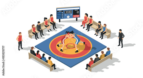 Isometric wrestling match with audience and scoreboard in sports arena