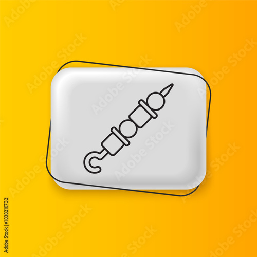 Black Grilled shish kebab on skewer stick icon isolated on yellow background. Meat kebab on skewer stick. Picnic with grilled meat. Silver rectangle button. Vector