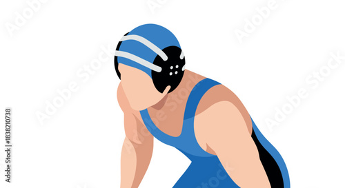 Dynamic minimalist wrestler in blue uniform with headgear in action pose