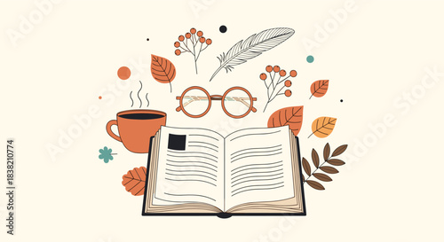 Cozy autumn reading concept with an open book glasses a hot drink a quill and fall leaves on a light background illustration.