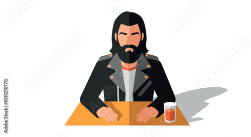 Flat design bearded man in leather jacket sitting with beverage at table