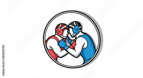 Dynamic wrestling emblem featuring two competitors in red and blue gear