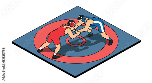 Isometric wrestling match: two athletes competing on a mat in dynamic action