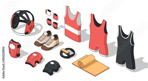 Detailed sportswear collection in isometric style featuring modern athletic gear and apparel
