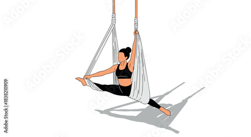 Aerial silhouette yoga practice with hammock in minimalist style