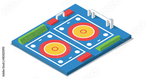 Isometric sports field with dual wrestling mats and soccer goal