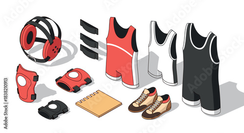 Isometric skateboarding gear set featuring helmets, shoes, and protective pads