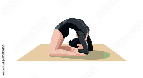 Modern flat style gymnast performing scorpion pose on mat with shadow