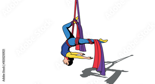 Colorful aerial acrobat performing on silk ribbons with shadow in dynamic pose