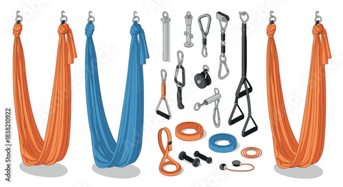 Aerial yoga hammocks and equipment with detailed accessories