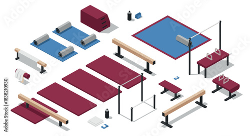 Isometric gymnastics equipment set in red and blue for training and exercise