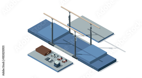 Isometric gymnastics equipment on blue mat with camera accessories