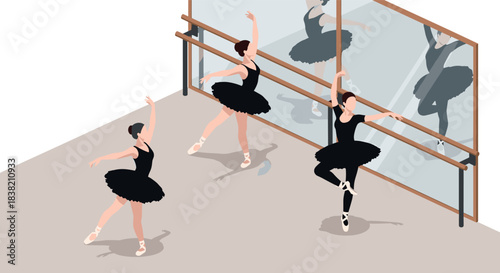 Elegant ballet dancers practicing at barre in black dresses isometric style