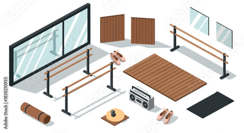 Ballet studio isometric design with barres, mirrors, and equipment for dance practice
