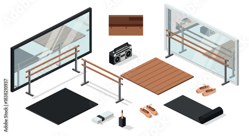 Isometric dance studio elements with ballet shoes and mirrors