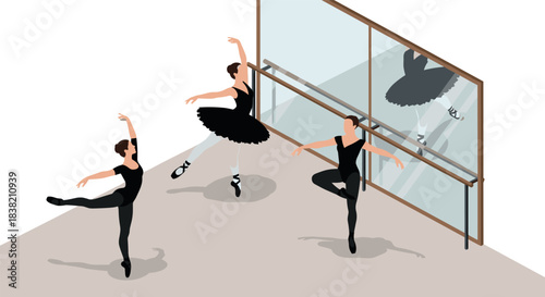 Isometric ballet practice: dancers in black costumes at a studio with mirrors