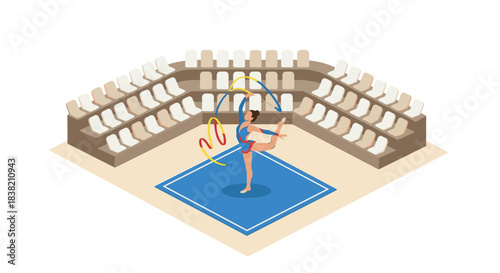 Rhythmic gymnast performing with hoop and ribbon in isometric arena