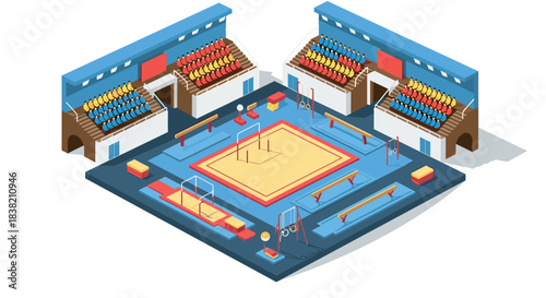 Isometric gymnastics arena with seating and apparatus in bright colors