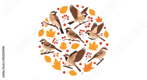 Circular arrangement of cute sparrows perched on branches with red rowan berries and yellow autumn maple leaves on a white background.