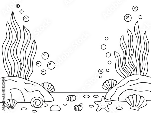 A simple cartoon illustration of an underwater scene with seaweed, rocks, shells, and bubbles.