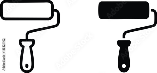 Paint Roller Icon, Outline and Filled Paint Roller Icon, Painting Tool or Decorator Symbol, Wall Painter Equipment Pictogram, DIY or Home Improvement Tool Icon.