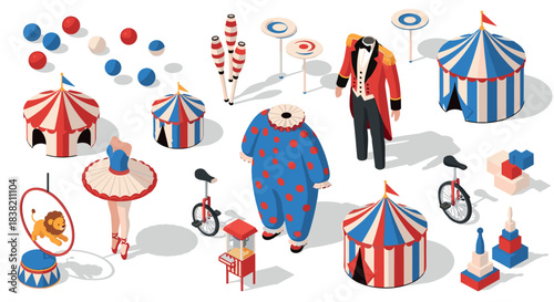 Isometric circus elements with tents, clown, and unicycle in vibrant colors