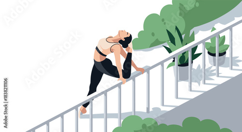 Woman practicing yoga on balcony surrounded by plants in modern flat art style