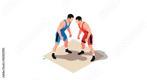 Isometric wrestling match: two athletic competitors facing off on the mat