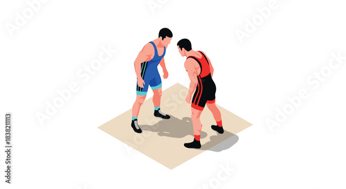 Isometric wrestlers preparing to grapple on wrestling mat