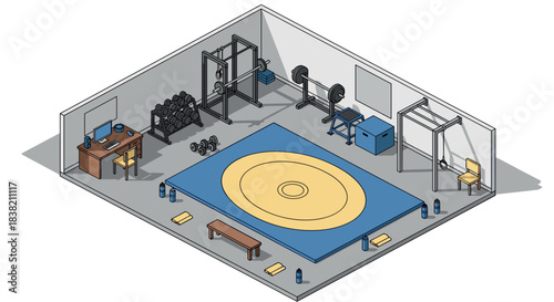 Isometric wrestling gym with equipment and training area