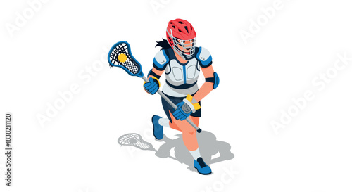 Woman playing lacrosse in protective gear and helmet on white background