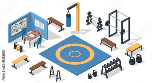 Modern isometric gym equipment set with weights, exercise mat, and fitness accessories